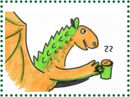 freundlicher Drache mit Kaffeetasse
